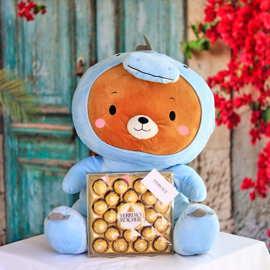 Osito de peluche con disfraz "Dino-Oso" y Chocolates