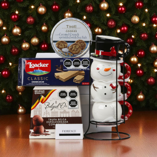 Christmas Mug Tower with Chocolates and Cookies