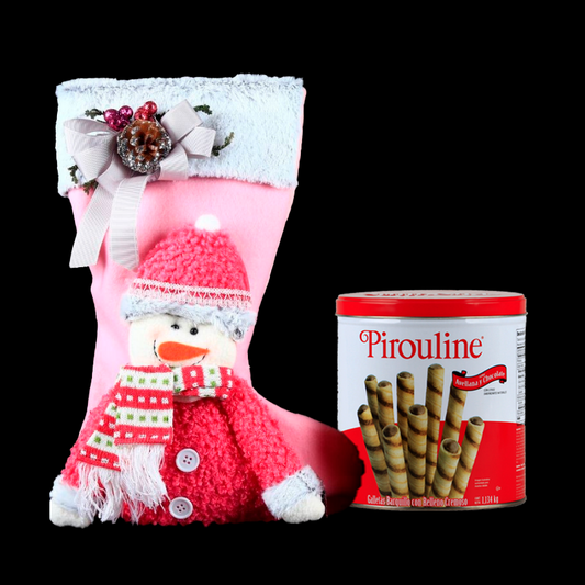 Pink Christmas stocking decorated with a Poinsettia and a snowman, accompanied by delicious gourmet cookies.