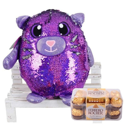 Gato de Peluche con Lentejuelas Reversibles y Chocolates
