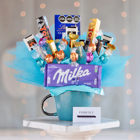 Candy Bouquet in a large ceramic mug with Chocolates