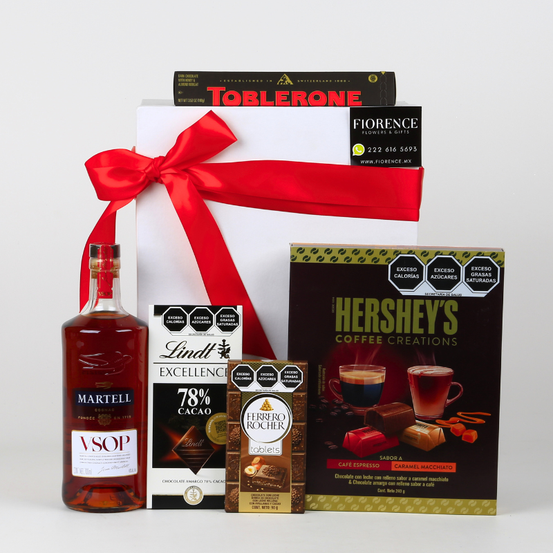 Grand French Cognac "Martell" in a Luxury Bottle with an Assortment of Chocolates