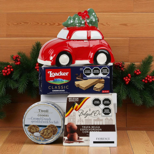 Charming Christmas Cookie Jar shaped like a car with delicious treats
