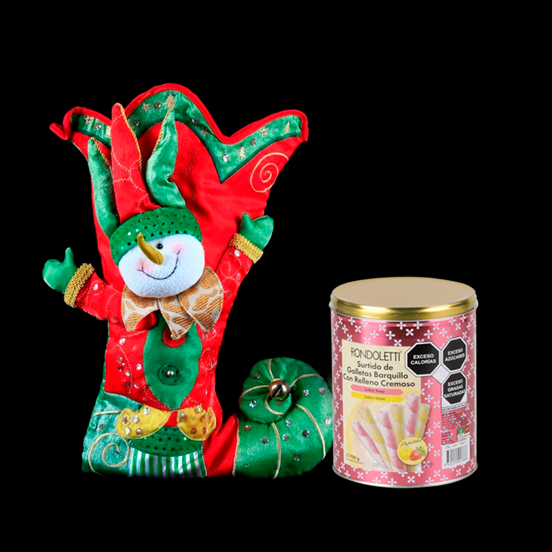 Colorful Christmas Stocking with a Cheerful Snowman Dressed as an Elf and Gourmet Cookies