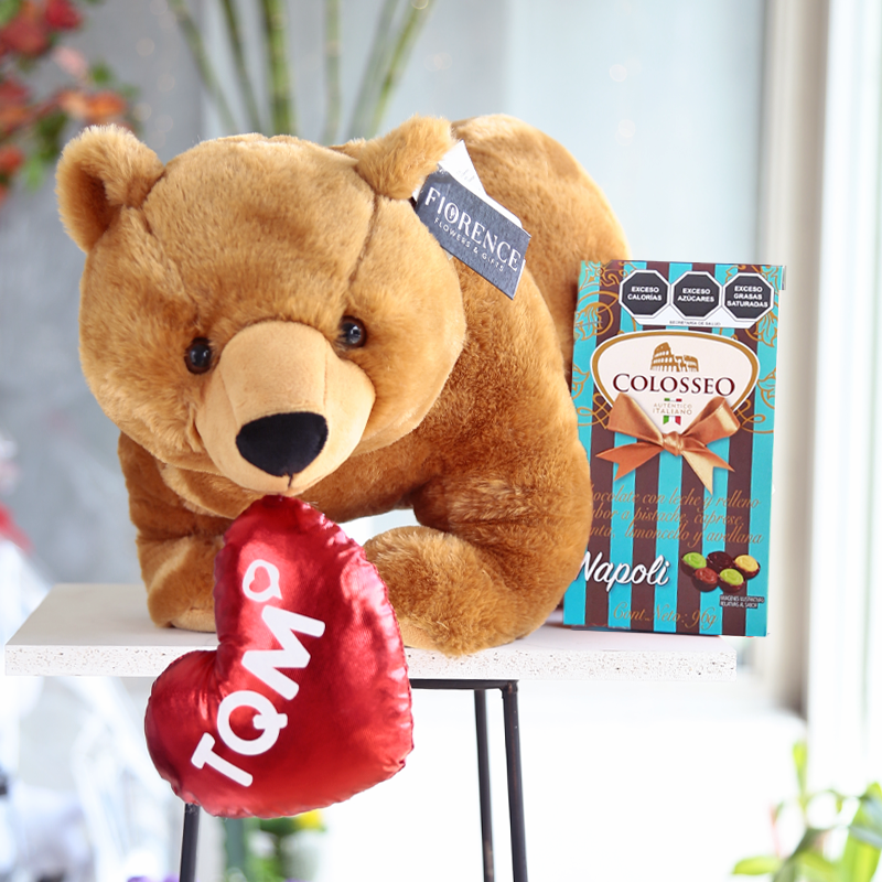Teddy Bear with Chocolates and heart shaped cushion