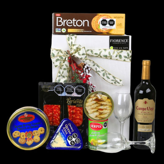 Christmas Gift with Red Wine and a Variety of Gourmet Products