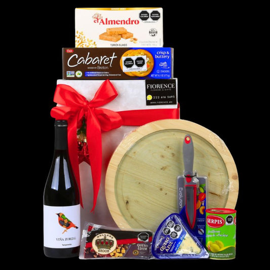 Gourmet Christmas Gift with Snack Board, Red Wine, and More