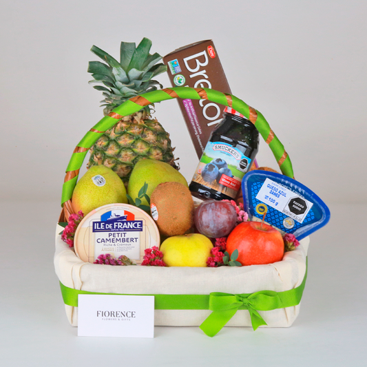 Gourmet Fruit Basket With Cheese, Jam and Crackers.