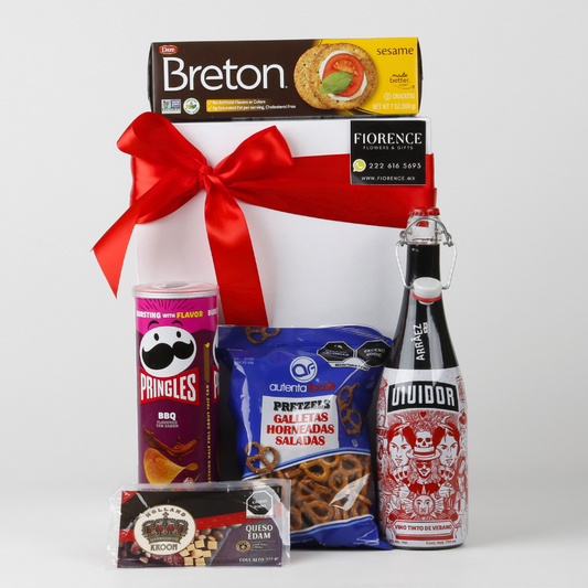 Caja de regalo con Vino Tinto de Verano y Botanas