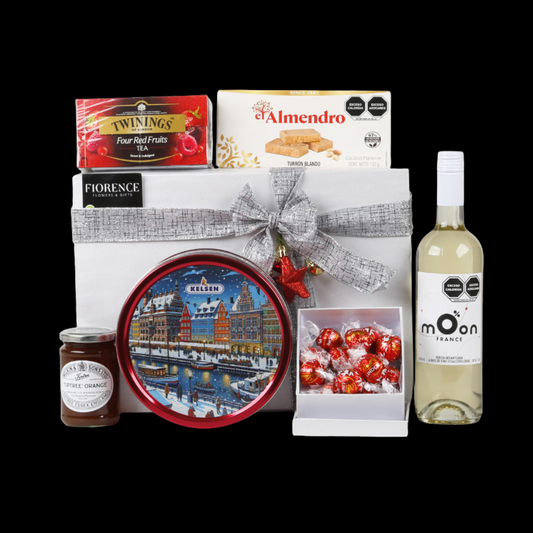 Gourmet Christmas Gift with Non-Alcoholic White Wine, Cookies and More