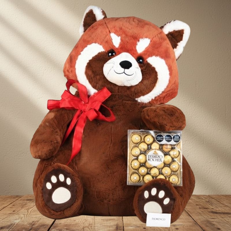 Regalo con peluche de panda rojo y chocolates Ferrero Rocher