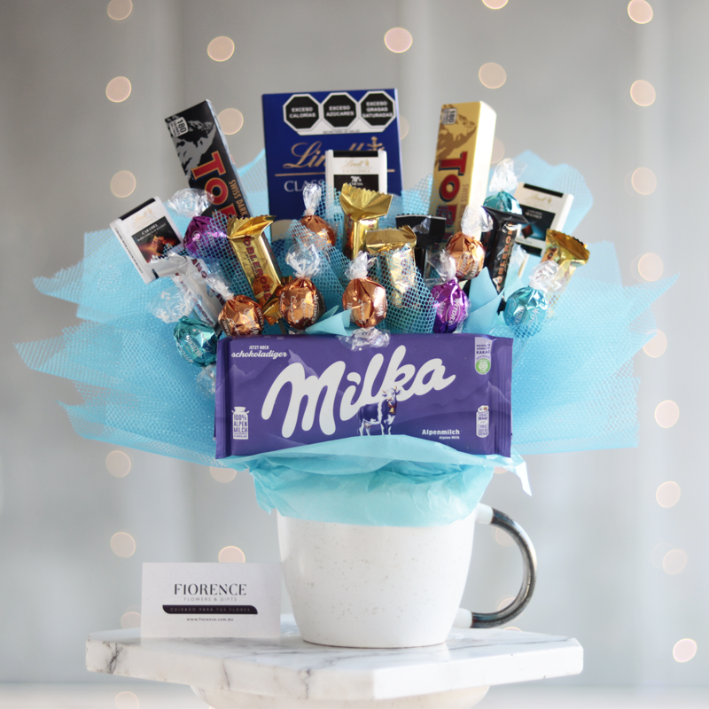 Candy Bouquet in a large ceramic mug with Chocolates