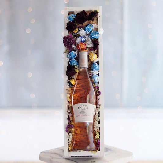 Rosé Wine with Chocolates and Dried Roses, Gift for Mom