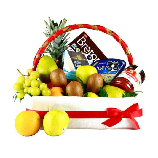 Gourmet Fruit Basket With Cheese, Jam and Crackers.