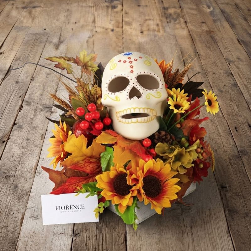 Centro de Mesa Día de Muertos con Calavera y Girasoles Otoñales