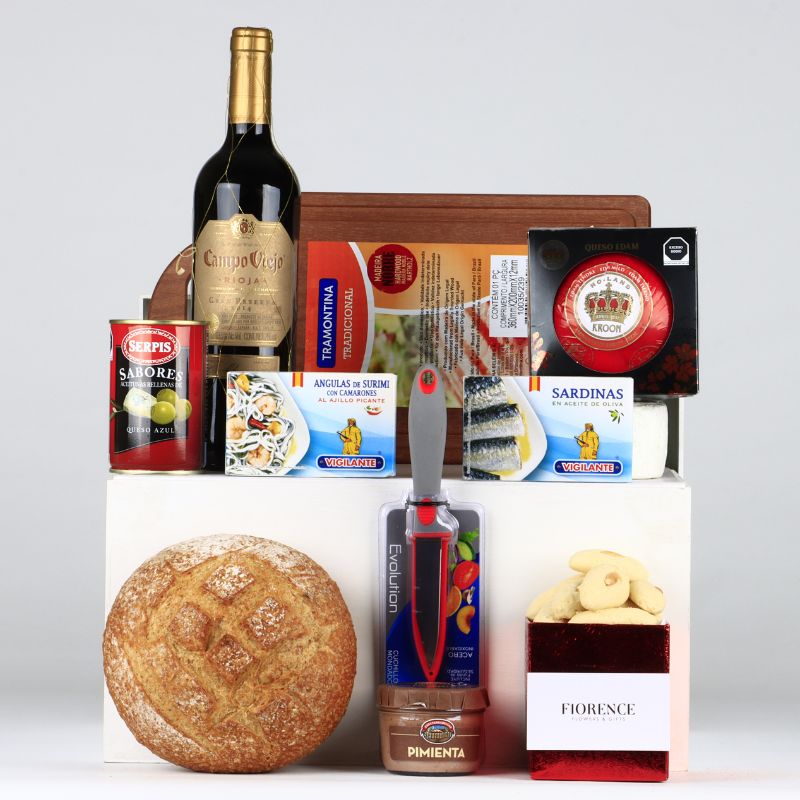 Regalo Gourmet con Queso, Pan y Vino Tinto