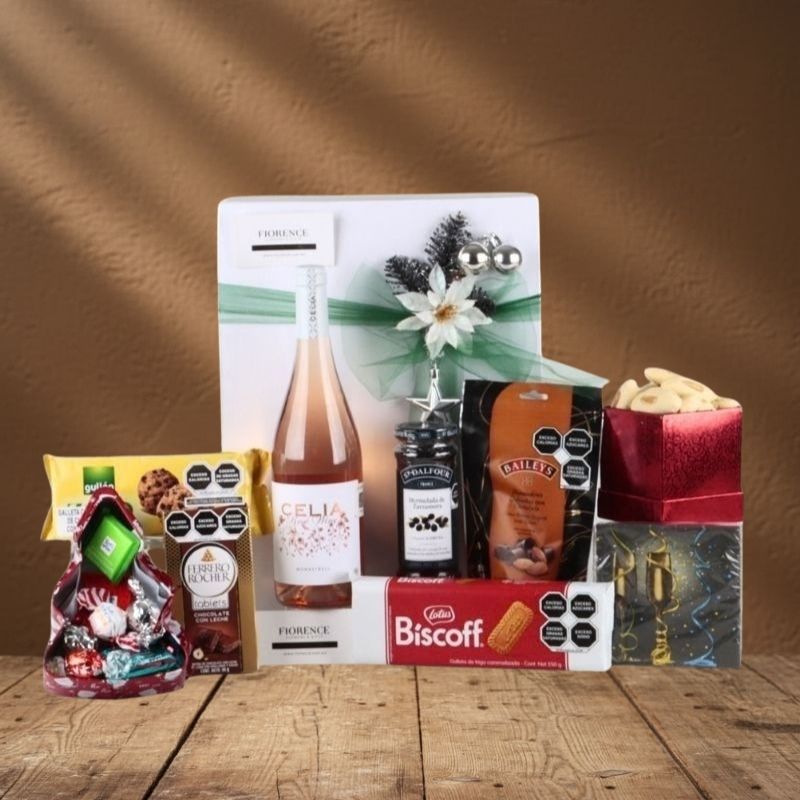 Caja Navideña Rosé Gourmet | Vino Celia, Ferrero Rocher & Bocadillos Selectos