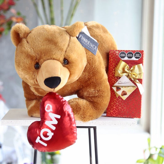 Teddy Bear with Chocolates and heart shaped cushion