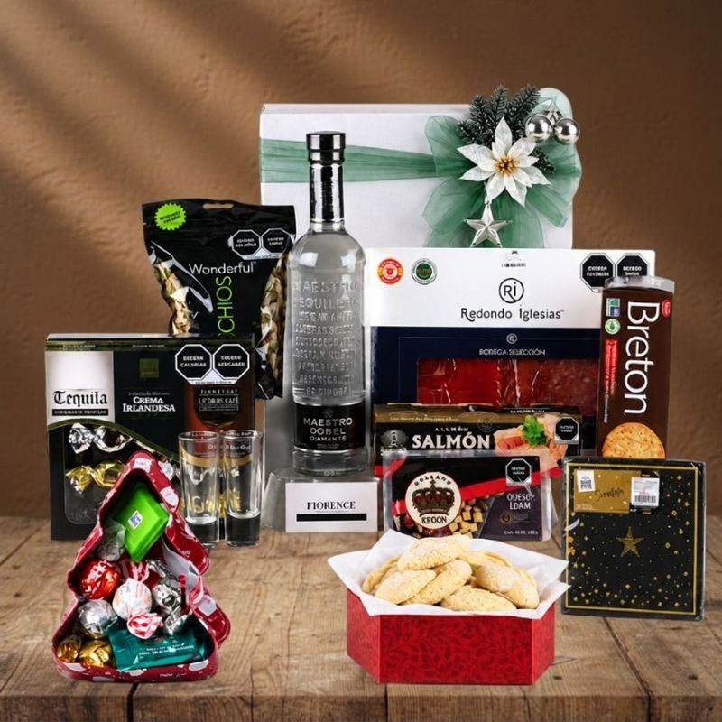 Regalo Navideño Gourmet con Tequila Reposado Maestro Dobel Diamante y Variedad de Productos