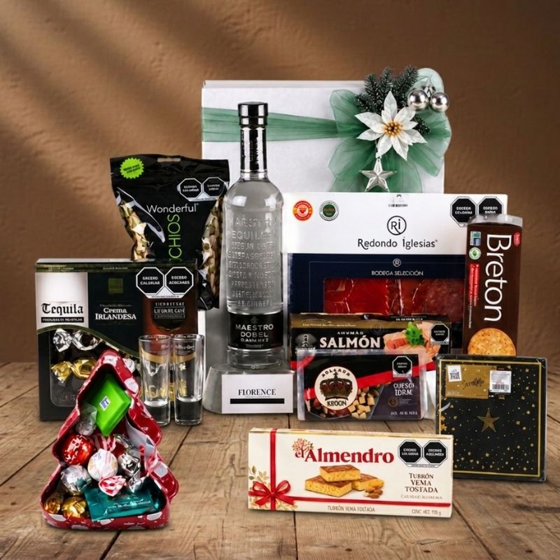 Regalo Navideño Gourmet con Tequila Reposado Maestro Dobel Diamante y Variedad de Productos