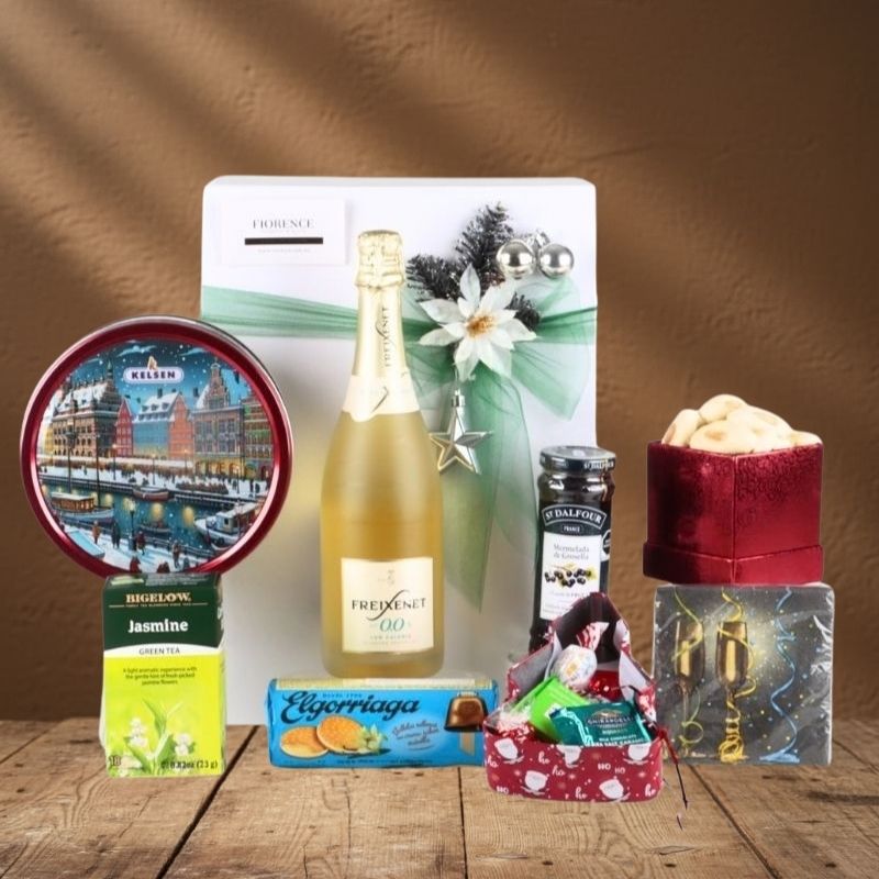 Caja Navideña de Lujo Sin Alcohol con Freixenet Blanco, Galletas, Té y Mermelada Gourmet