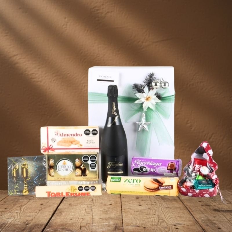 Gift Christmas Box with Freixenet Sparkling White Wine, Chocolates and Cookies