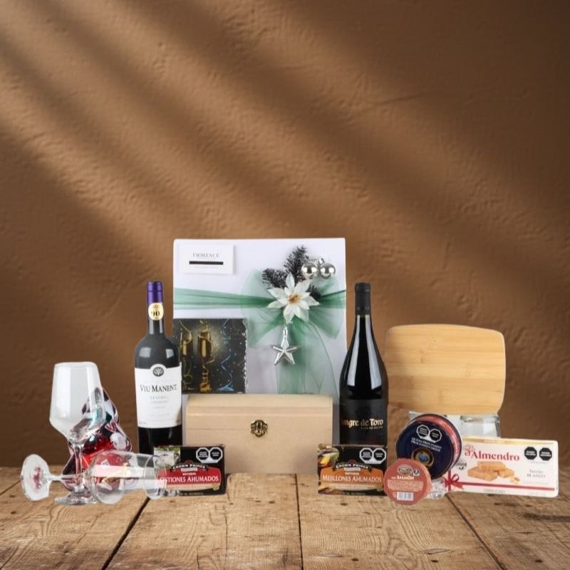 Christmas Gift Box with Red Wine Bottles and Gourmet Selection