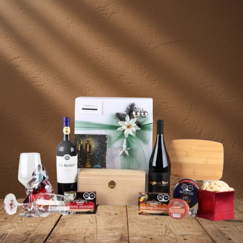 Christmas Gift Box with Red Wine Bottles and Gourmet Selection