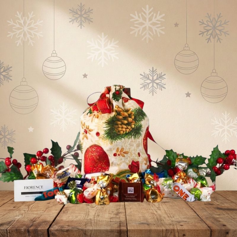 Saco de Regalo Navideño con Chocolates y Turrón de Almendras