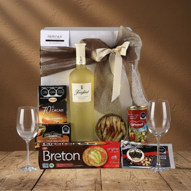 Caja de Regalo Vino Blanco Español Freixenet | Mariscos, Queso & Chocolate Gourmet
