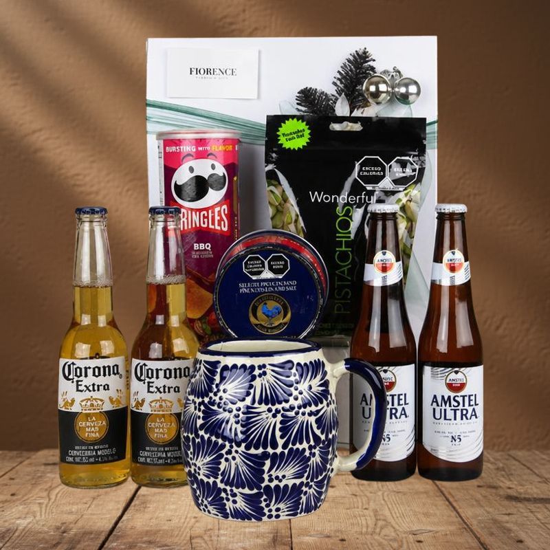 Regalo Navideño con Cervezas Corona y Amstel Ultra, Tarro de Talavera y Botanas