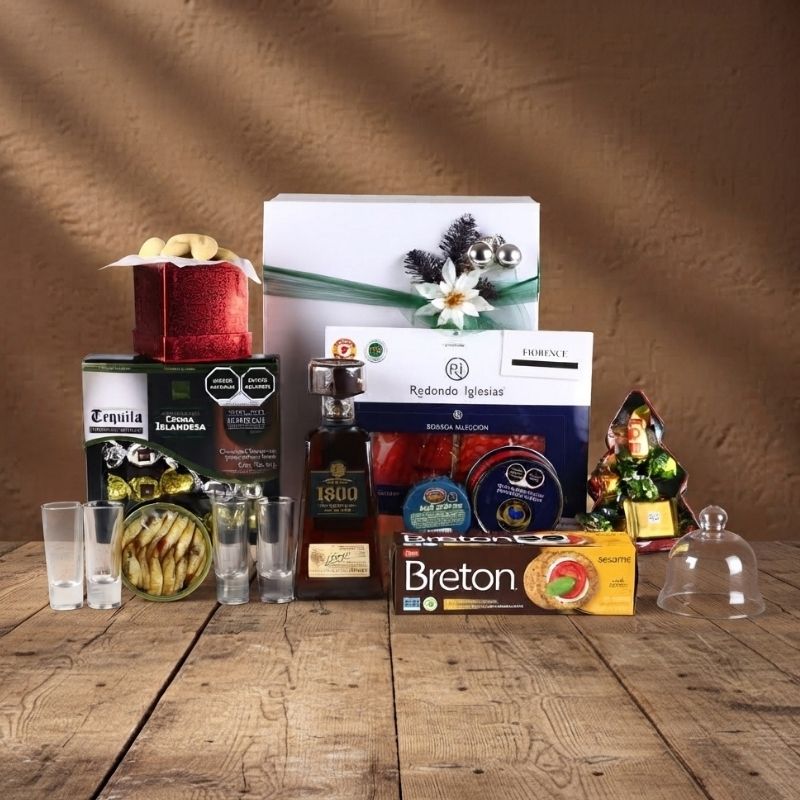 Caja Navideño de Regalo Deluxe Tequila 1800 Añejo – Charcutería, Queso y Chocolates