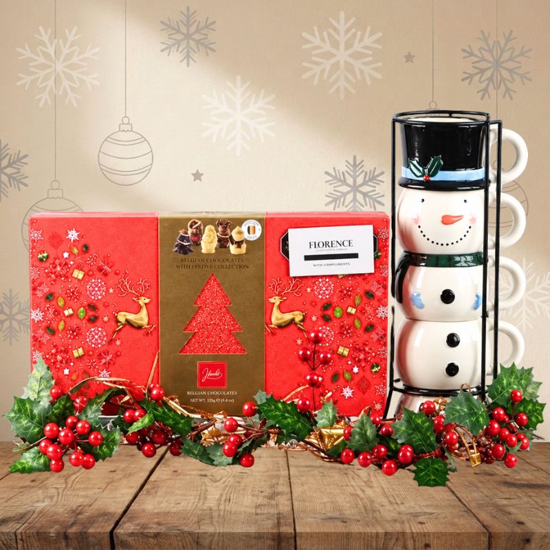 Christmas Snowman Mug Tower with Belgian Chocolates