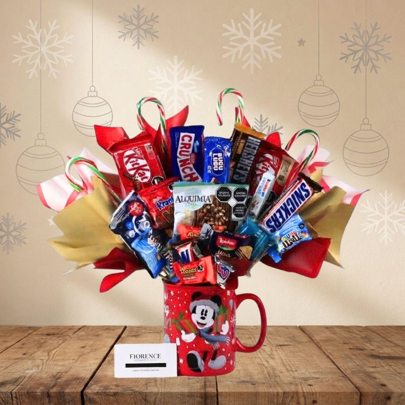 Mickey and Minnie Mouse Christmas Mug with 15-Piece Candy Bouquet