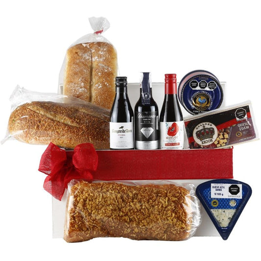 Deluxe Gourmet Gift with Cheese, Artisan Bread and Wine