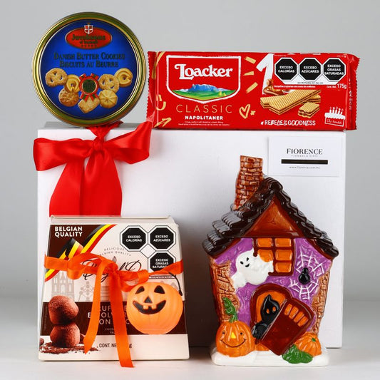 Caja de Regalo con Casa Embrujada, Galletas y Chocolates.