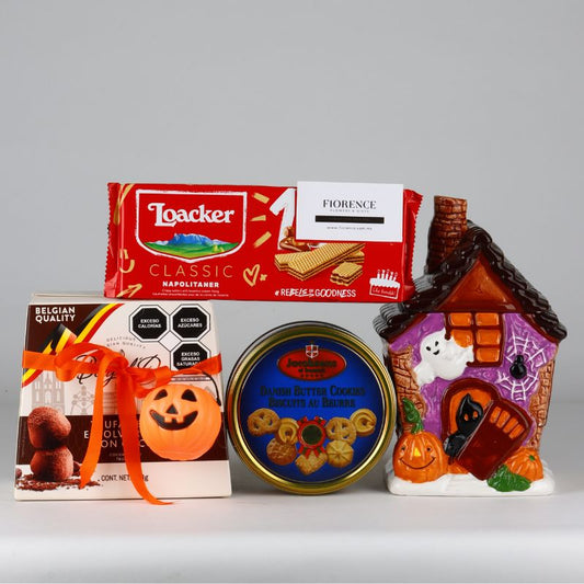 Caja de Regalo con Casa Embrujada, Galletas y Chocolates.
