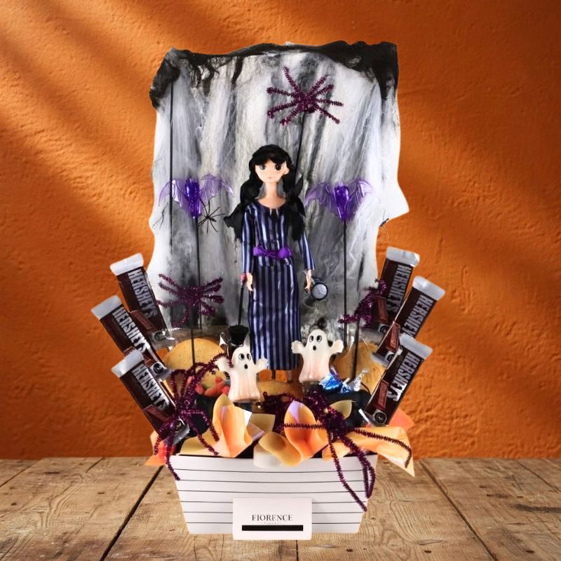 Halloween Arrangement with Merlina Doll, Cookies and Chocolates