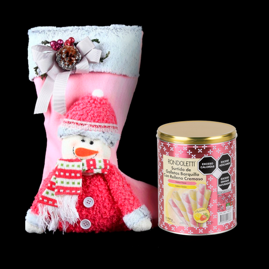 Pink Christmas stocking decorated with a Poinsettia and a snowman, accompanied by delicious gourmet cookies.