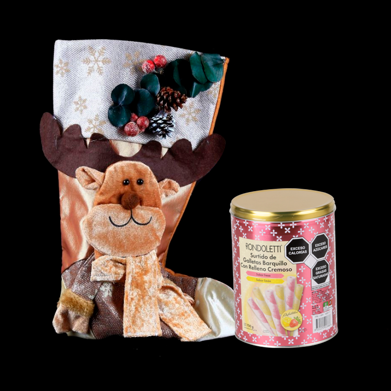 Christmas Stocking with Funny Reindeer and chocolate rolled wafer sticks.