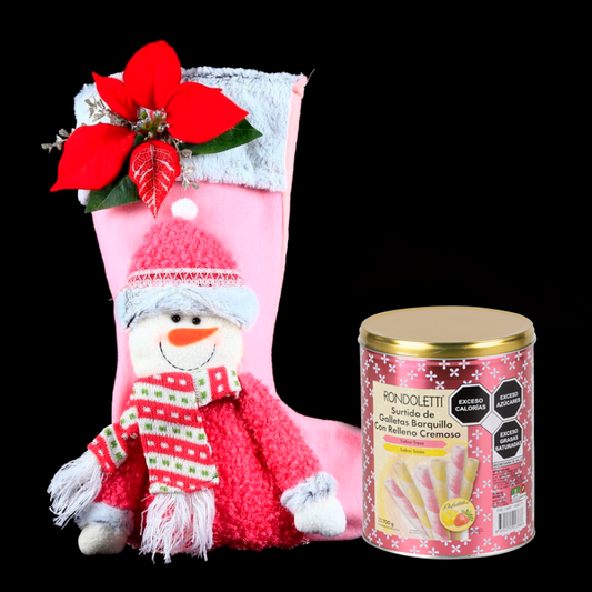 Pink Christmas stocking decorated with a Poinsettia and a snowman, accompanied by delicious gourmet cookies.