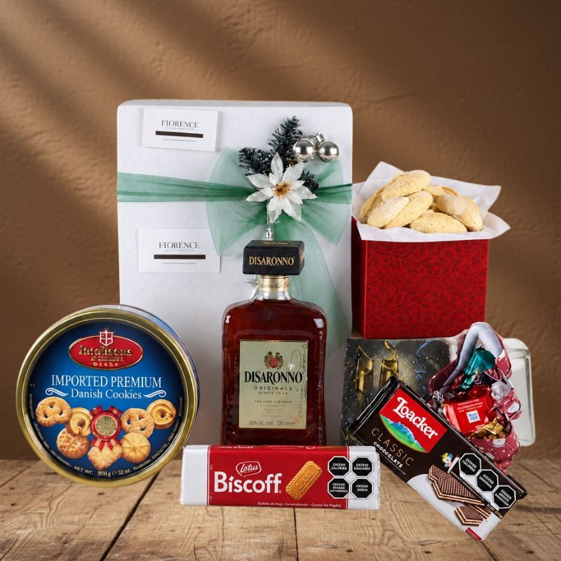 Regalo Navideño con Licor Italiano Amaretto Disaronno y Galletas