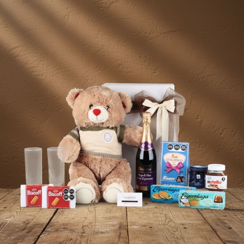 Dolce Vita Non-Alcoholic Sparkling Wine Gift Set with Teddy Bear and Chocolates