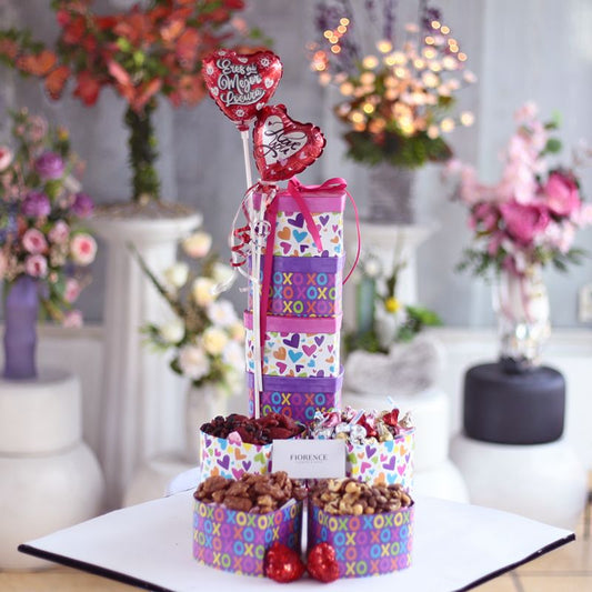 "I Love You" Gift Tower with Mixed Nuts, Chocolate Kisses and More.