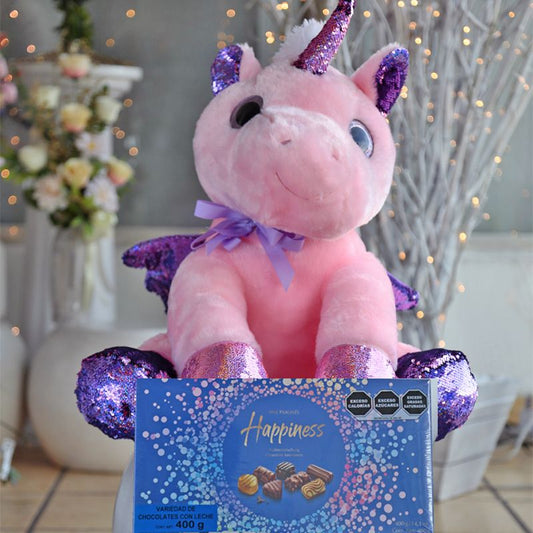 Pink Stuffed Unicorn plushie with Chocolates